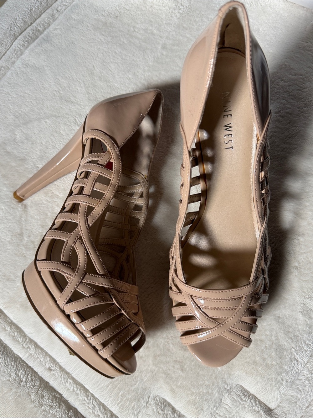 Nine West Nude Patent Strappy Peep-Toe Heels